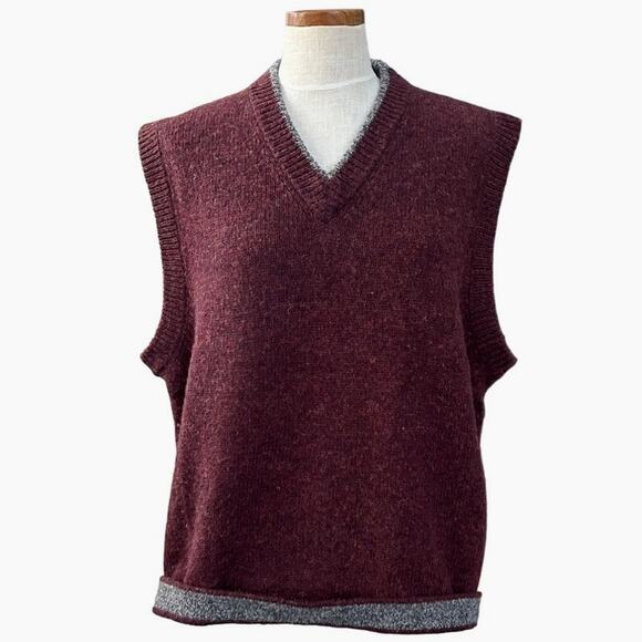Vintage Woolrich Wool Knit Vest XL Academia Cottage V-neck Retro Wine Burgundy - Picture 1 of 13